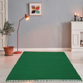 THEKO Teppich aus 100% Baumwolle, Flachgewebe, Teppich »Happy Cotton | handgewebt« | Farbe: Dunkelgrün | 60x120 cm