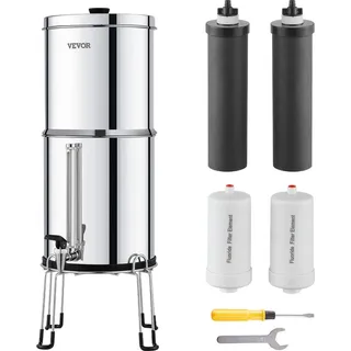 Vevor Schwerkraft Wasserfiltersystem Edelstahl Arbeitsplattensystem 7+7,5L Wasserfiltrationssystem, reduziert Blei und bis zu 99 % Chlor, mit 2 Aktivkohlefiltern 2 Entfluorierungsfiltern & Zapfhahn
