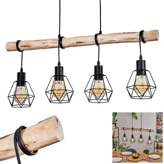HOFSTEIN Hängeleuchte Yaak, 4-flammige Hängelampe aus Metall/Holz in Schwarz/Naturfarben, moderne Leuchte im Retro/Vintage-Design mit Holzstab in Gitter-Optik, E27, Esszimmer, Küche, Wohnzimmer