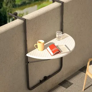 BAKAJI Geländertisch für den Außenbereich, Balkon, zusammenklappbar, platzsparend, höhenverstellbar, Gestell aus Metall und Tischplatte aus Polyrattan Xon, Maße 60 x 64 cm (Weiß)