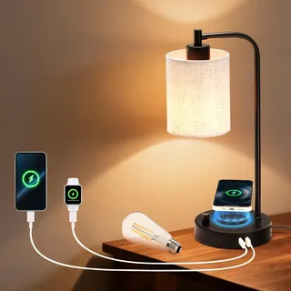 Hestia Nest Nachttischlampe mit Ladefunktion, dimmbar, LED-Tischlampe | Kabelloses 5-W-Laden, USB-C und USB-A, Leinenschirm in Beige, Metallfuß in Schwarz, fürs Schlafzimmer
