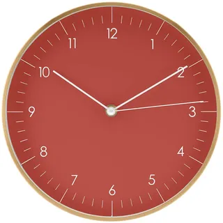 LUUK LIFESTYLE Minimalistische Wanduhr ohne Geräusche, skandinavische Deko für Wohnzimmer, Küche, Esszimmer, Eingangsbereich, 24 cm, in Rot und Gold