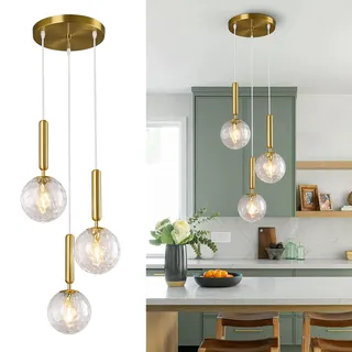 ZPBSJ Moderne Gold Leuchte Pendelleuchte für Kücheninsel Mid Century Pendelleuchten mit Kugel Klarglas Weißglas Pendelleuchte für Esszimmer Bad Eingang Schlafzimmer(3-Licht)