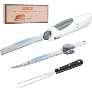 PAHTTO Elektromesser, Kabelloses Küchenmesser mit 2 Edelstahlklingen und Gabel, 8 V Elektrisches Messer Filetiermesser mit Sicherheitsverriegelung, für Fleisch, Fisch, Brot, Obst, Gemüse und Käse