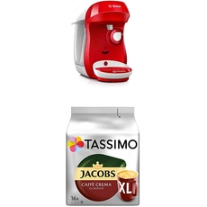 Bosch TAS1006 Tassimo Happy Kapselmaschine,1300 W, platzsparend, große Getränkevielfalt, bright red + Tassimo Jacobs Caffè Crema Classico XL, 5er Pack Kaffee T Discs (5 x 16 Getränke)