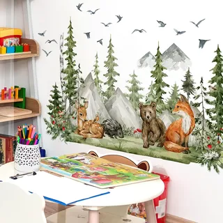 WandSticker4U®- XXL Wandtattoo Kinderzimmer TIERE & WALD (150x96 cm) I Wandsticker Tiere Dschungel Mädchen & Junge I Wandaufkleber Fuchs Bär Reh Baum Baby Zimmer Deko GROß