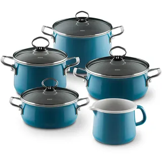 Riess, 0584-010, Familien-Set 5tlg., AQUAMARIN, Emaille, Made in Österreich, LBH: 48,5x39,0x28,5cm, 7,740kg, Kanne mit Henkel, Deckel, Induktionskocher kompatibel, Gasherd geeignet, Ofenfest
