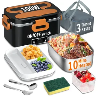 Elektrische Lunchbox 100W, 3-in-1 tragbare beheizte Lunchbox, Herausnehmbare Edelstahl-Brotdose, 12V/24V/220V Isolierte Wärmebox für Auto/Lkw/Büro, Mit isolierter Tasche (Orange&Schwarz)