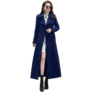 ebossy Zweireihiger Damen-Trenchcoat, Langer Maxi-Mantel, Marineblau, M
