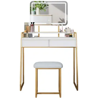 Mondeer Schminktisch mit LED Beleuchtung, Schlafzimmer Frisiertisch mit Spiegel und Hocker, einstellbare Helligkeit, 2 Schubladen und Ablagen, Metallrahmen, für Schlafzimmer, Weiß und Gold