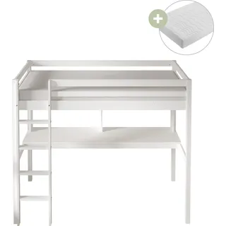 Sunny Sil Hochbett aus Holz mit Schreibtisch in Weiß | Kinderbett Mit Matratze | Einzelbett mit Treppe in 208 x 100,5 x 172 cm | Für Matratzengröße: - Weiß