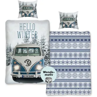 SkyBrands Flanell-Bettwäsche VW Bulli 135 x 200 cm, 80 x 80 cm, Kissenbezug VW Bus, Wendebettwäsche-Set, Biber-Bettbezug, VW-Geschenke für Männer – Ko-Tex Standard 100, deutsche Größe