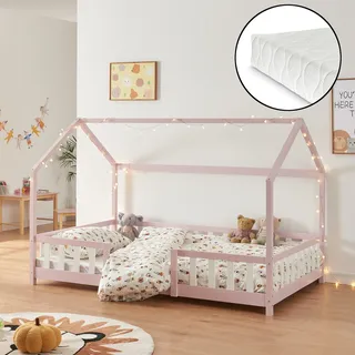 Kinderbett ’Sisimiut’ in Haus-Optik mit Matratze und Rausfallschutz Kiefernholz 140 x 200 cm Rosa / Weiß - Rosa
