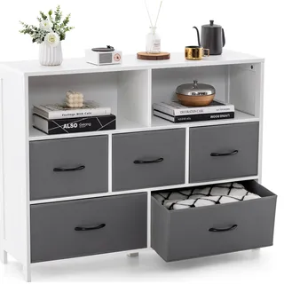 COSTWAY Kommode mit 5 Schubladen, Aufbewahrungsschrank mit offenen Regalen & klappbarer Stoffschubladen, Schubladenschrank Sideboard aus Holz für Wohnzimmer Schlafzimmer Flur - Weiß, Grau