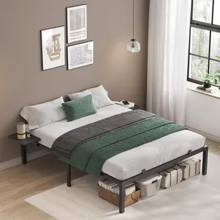 VASAGLE Bett 160 x 200 cm, mit Aufbewahrungsregalen, Doppelbett, Bettgestell aus Metall, Bettrahmen, Metallbett, einfache Montage, klassikschwarz RMB095B01