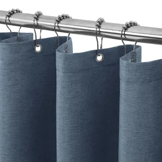 VANZAVANZU Duschvorhang Schmaler Leinen 92 x 182 cm mit Metall Duschvorhangringe Schwerer Stoff Textil Badewannenvorhang Anti Schimmel Bad Vorhang Wasserdicht Badezimmer Vorhang - Marineblau