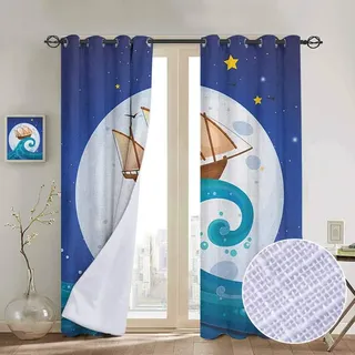 NUOMANAN Verdunkelungsvorhänge, Mond, Kleiner Junge auf dem Planeten in Wasserfarben, Cartoon-Stil, Sonnensystem, Kinderzimmer, Wohnzimmer 100" W x 96" L Color08