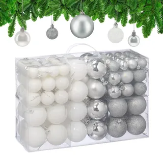 Relaxdays Weihnachtskugeln 100er Set, Weihnachtsdeko, matt, glänzend, glitzernd, Baumkugeln ∅ 3, 4 & 6 cm, Silber/weiß