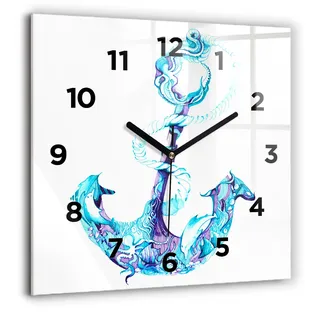 Wallfluent Große Wanduhr – Stilles Quarzuhrwerk - Uhr Dekoration Wohnzimmer Schlafzimmer Küche - Zifferblatt - schwarze Zeiger - 60 cm - Anker im Meer - Blau