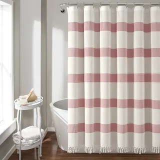 Lush Decor Tucker Stripe Duschvorhang aus Baumwolle, geknotet, 183 x 183 cm, Weiß/Rot