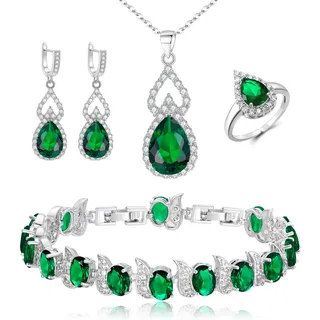 Clearine Schmuck-Set für Damen versilbert Teardrop kubischer Zirkon Halskette offen verstellbaren Ring Ohrringe Armband-Set für Hochzeit/Jubiläum/Muttertag