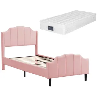SOFTWEARY Polsterbett (Einzelbett mit Taschenfederkernmatratze, 90x200 cm), 25 cm hoch, 7 Zonen, Härtegrad 3, 406 Federn rosa 215 cm