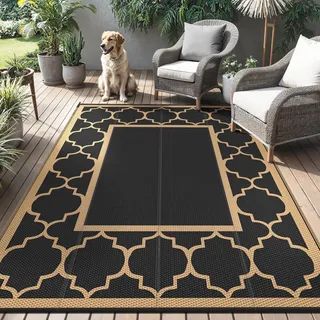 GENIMO Outdoor Teppich Wetterfest 150 x 240 cm, Balkonteppich Wasserfest für Terrasse, Gartenteppich Beidseitig Kunststoff, Aussenteppich in 5 Größen, Schwarz & Braun Morocco Spalier
