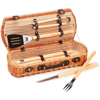 Zendea Grill-Werkzeugtasche aus Weidengeflecht – Tragbares Grill-Set mit 5 Zubehörteilen im Koffer, für Campinggrill, für Reisen und Picknick im Freien