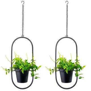 HemePaha Metall-Hänge-Pflanzgefäße mit Topf, 2 Stück, oval, Boho-Stil, schwarzes Metall, Pflanzenaufhänger, geometrische Hängepflanzgefäße für drinnen und draußen, Heimdekoration (oval, schwarz)