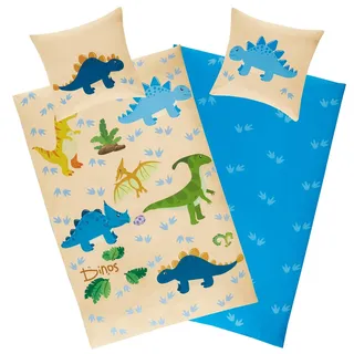 Aminata kids Bettwäsche Dinosaurier 135x200 Baumwolle Kinder Dino-Motiv Jungen mit YKK Reißverschluss, unsere Kinder-Bettwäsche-Set mit Dinosaurier-Motiv ist weich & kuschelig, blau beige