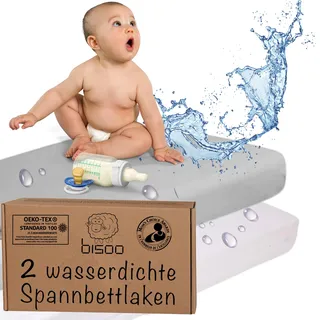 Bisoo Spannbettlaken 70x140 Baby - 2in1 Bettlaken Matratzenschoner 70 x 140 Baby Wasserdicht für Kinderbett und Babybett aus 100% Baumwolljersey Öko-Tex Zertifikat - 2 Stück Set Weiß + Grau 140x70