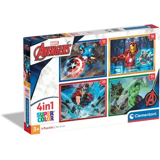 Clementoni - 21525 - Supercolor Puzzle 4 in 1 - The Avengers - Puzzle 12,16,20,24 Teile Ab 3 Jahren, Buntes Kinderpuzzle Mit Besonderer Leuchtkraft & Farbintensität, Geschicklichkeitsspiel Für Kinder