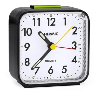 HERMIC Wecker Analog Ohne Ticken Wecker mit Licht, Batteriebetrieben, Lauter Alarm, Schlummerfunktion, Geräuschlos, Leuchtziffern Tragbarer Leise Klein Reisewecker für Tiefschläfer