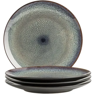 MÄSER 935129 Serie Teona, 4er Teller Set mit grün-brauner Reaktivglasur, 4-teiliges Speiseteller-Set aus Keramik in modern dezenten Coupe-Formen, Steinzeug