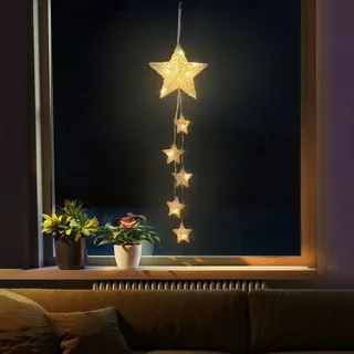 Lewondr Hängelampe, Rattan Sternform Lichterketten Innen Dekorative Lichter Fenster Licht Batteriebetriebene Stern Lichter für Kinderzimmer Schlafzimmer Party Dekoration mit Timer Funktion, Weiß
