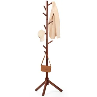 Relquorax Garderobenständer Buchenholz, Jackenständer, Kleiderständer, Baumförmige Garderobe mit 9 Haken, 3 Höhenverstellungen, freistehender-Mantelständer für Kleidung, Hüte, Schals, Taschen(Braun)