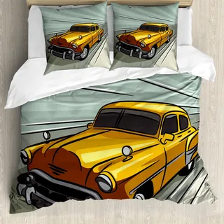 ABAKUHAUS Autos Bettbezug, Yellow Fahrzeug Speeding, Milbensicher Allergiker geeignet mit Kissenbezügen, 200 cm x 200 cm - 80 x 80 cm, Reseda Grün Gelb Grau