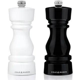 Cole & Mason London Schwarz-weißes Acryl Salz- und Pfeffermühlen-Set, Einstellbares Mahlwerk, Keramik-Mechanismen, Manuell Gewürzmühle, Langlebig & Hochwertig, Geschenkset, 15 cm