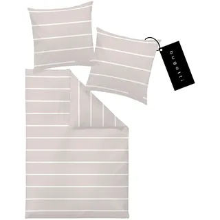 bugatti Bettwäsche 135 x 200 cm - 100% Baumwolle, 2 teilig mit Reißverschluss, anschmiegsam, weich & waschbar, Mako Satinbettwäsche gestreift beige