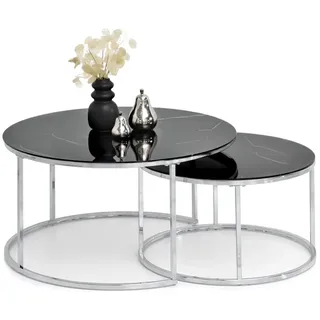 Couchtisch-Set RETO – Chrom / schwarzer Marmor - Schwarz