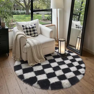 HUGEAR Kariert Flauschig Teppich Rund 120 Teppiche Schwarz Weiß Shaggy rutschfest Kinderzimmer Mädchen Junge Carpet Bettvorleger Schlafzimmer Hochflor Weich Runder Carpets