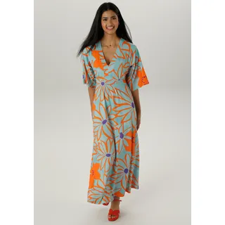 Maxikleid ANISTON SELECTED, Damen, Gr. 40, N-Gr, bunt (hellbau, orange, lila), Single Jersey, Obermaterial: 95% Viskose, 5% Elasthan, bedruckt, geblümt, gemustert, lässig geschnitten lang, V-Ausschnitt, weit, Kleider Maxikleid, mit weiten, 3/4-langen Ärmeln