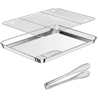 Dromzen Backblech, Edelstahl Gitter Backbleche Kuchenblech Baking Tray Backofenblech, Abtropfgitter Abkühlgitter Oven Ofenbleche für Backofen, Grillgitter Ofenform mit Rost Grillschale