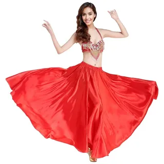 Wuchieal Bauchtanz Satin Rock Professionelle Tänzer Glänzender Full Round Swing Dance Skirt (Rot, One Size)