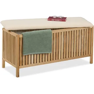 Relaxdays Wäschetruhe mit Sitz, Badhocker mit Stauraum, 100 l Wäschesammler, HBT: 50x100x38 cm, Holz/Stoff, Natur/weiß