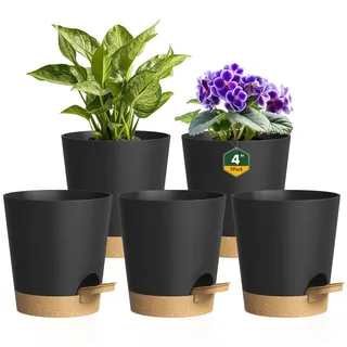 Homeuouz 5er Set Selbstbewässerungstopf 10cm – Kleine Blumentöpfe & Übertöpfe mit Untersetzer in Matt für Zimmerpflanzen & Küche, Perfekt als Kräutertopf, Schwarz-Braun