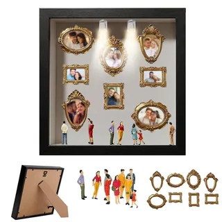 DIY Mini Museum Bilderrahmen Set mit LED Licht, Silhouettenbox mit 8 Mini Goldrahmen & Figuren, Kreatives Erinnerungsdisplay für Hochzeit, Jubiläum, Geburtstag, Wohnzimmer Deko (Schwarz) (A)