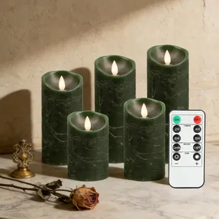 RanBluu 5er Set LED Kerzen mit Timer, elektrische flackernde batterie betriebene Kerzen, LED Säulenkerzen, für Camping, Hochzeiten, Home Deco, Grün
