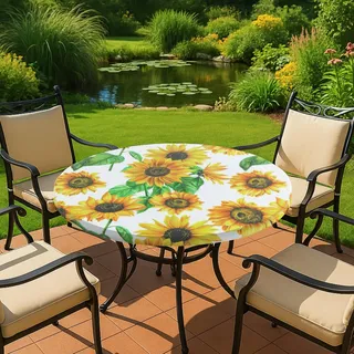 Maximex Spann-Tischdecke rund Ø 70-86 cm, Sonneblumen-Motiv, abwischbare Gartentischdecke mit Gummizug, wetterfest, UV-beständig, für Garten, Balkon und Camping, Kunststoff