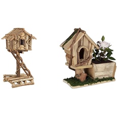 Relaxdays Vogelhaus stehend & Holz Pflanzgefäß, mit Deko Vogelhaus, Rinde & Moos, eckiger Übertopf, Fensterbank, innen & außen, Natur/grün, 10037652, 1 Stück